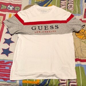 GUESS Men's White and Gray Tee with Red Stripes